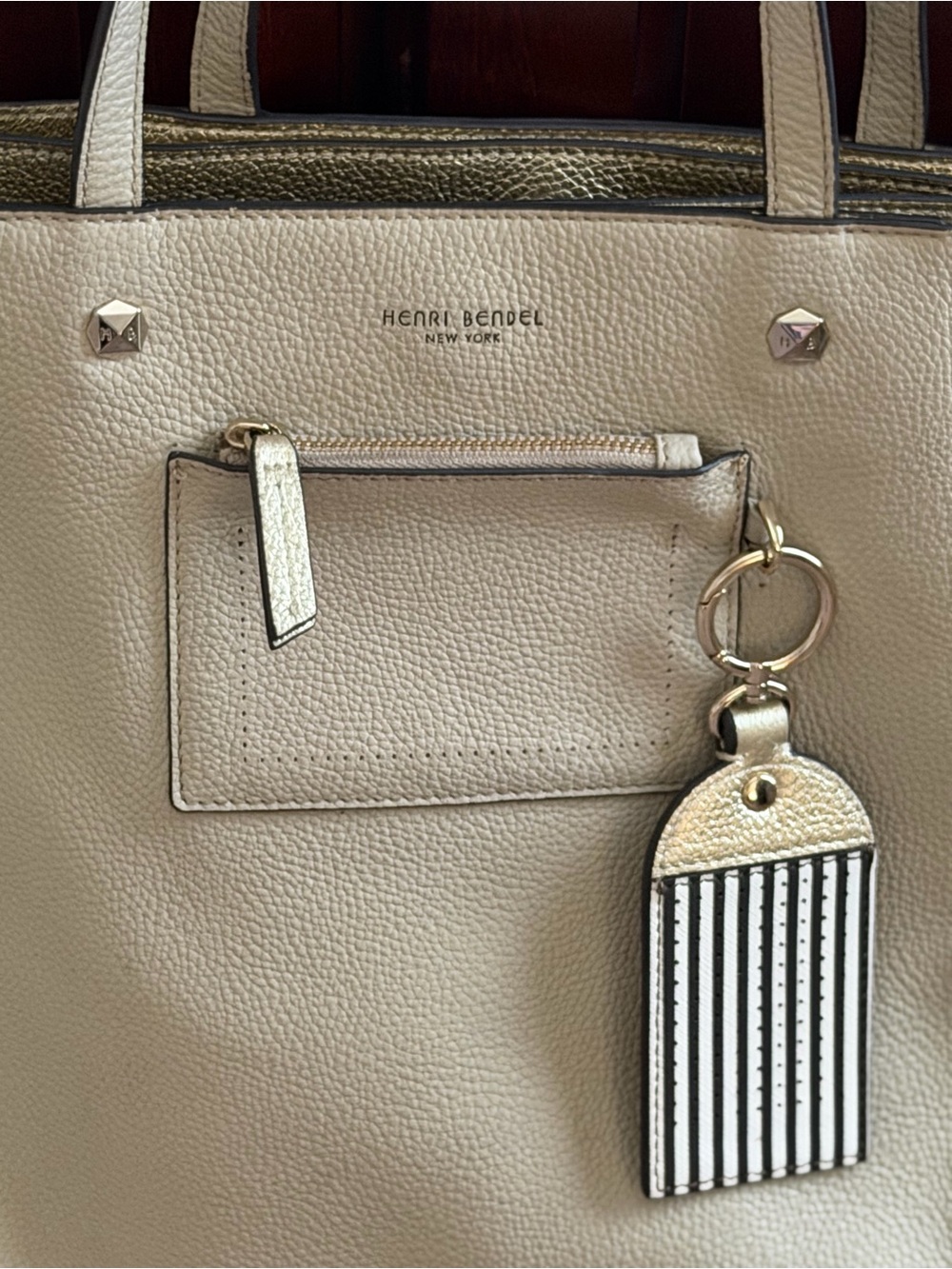 Henri Bendel Cream Pebbled Leather Tote with Striped Bendel Key Charm - Picture 3 of 12